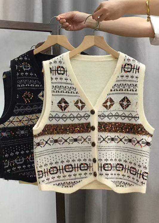 Women Apricot V Neck Button Knit Vest Tops Sleeveless