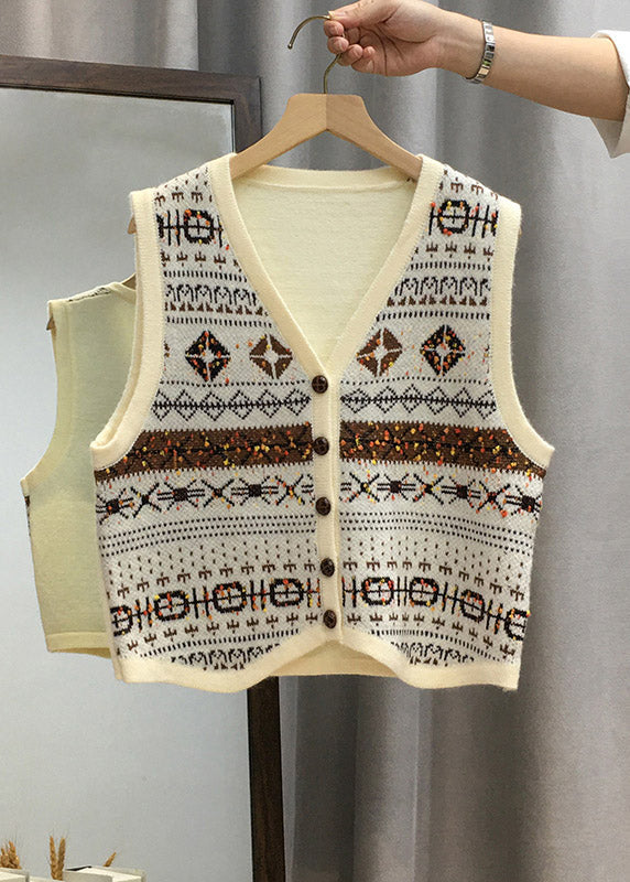 Women Apricot V Neck Button Knit Vest Tops Sleeveless