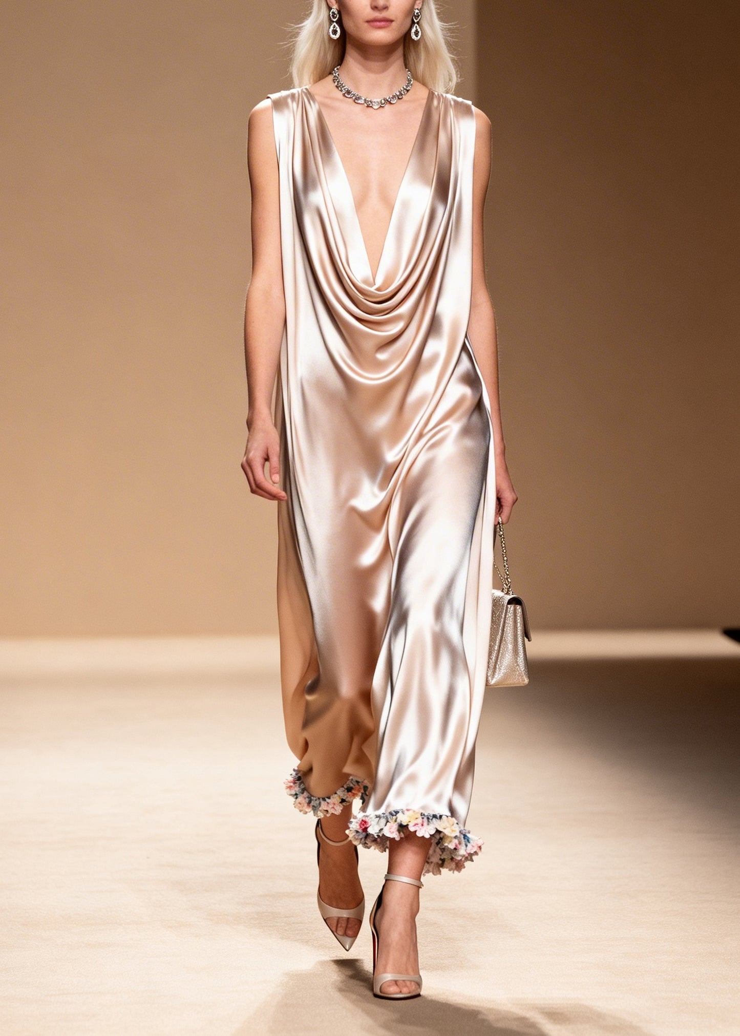 Women Apricot V Neck Floral Silk Maxi Dress Sleeveless
