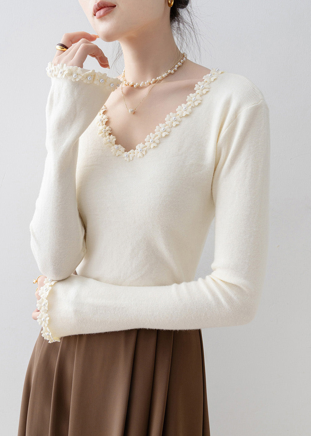 Women Apricot V Neck Patchwork Knit Sweaters Spring