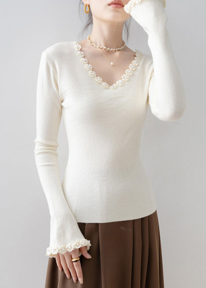 Women Apricot V Neck Patchwork Knit Sweaters Spring