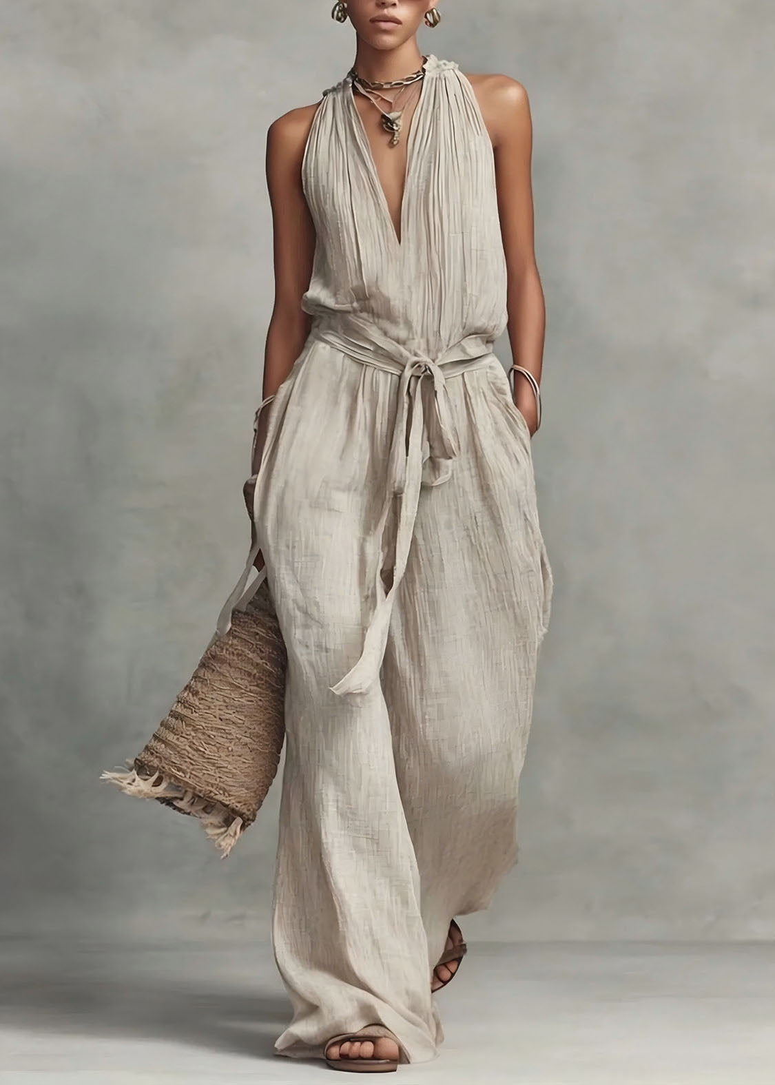 Women Apricot V Neck Patchwork Tie Waist Jumpsuit Sleeveless