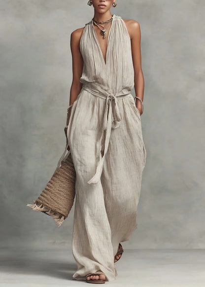 Women Apricot V Neck Patchwork Tie Waist Jumpsuit Sleeveless