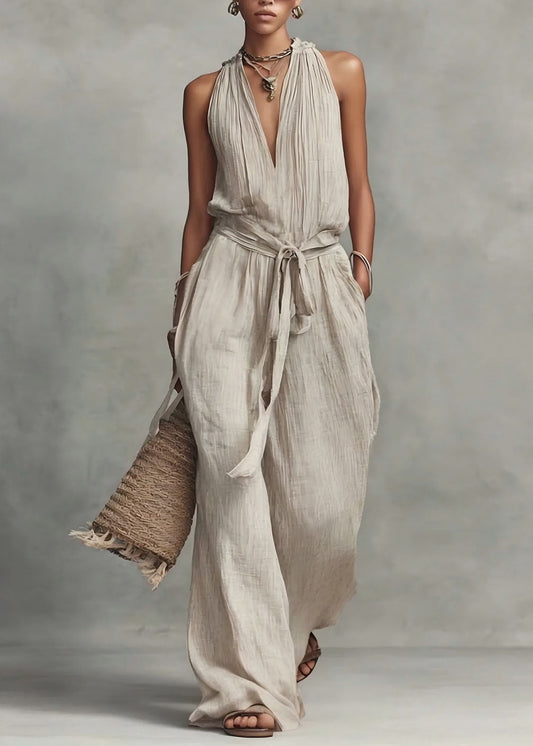 Women Apricot V Neck Patchwork Tie Waist Jumpsuit Sleeveless