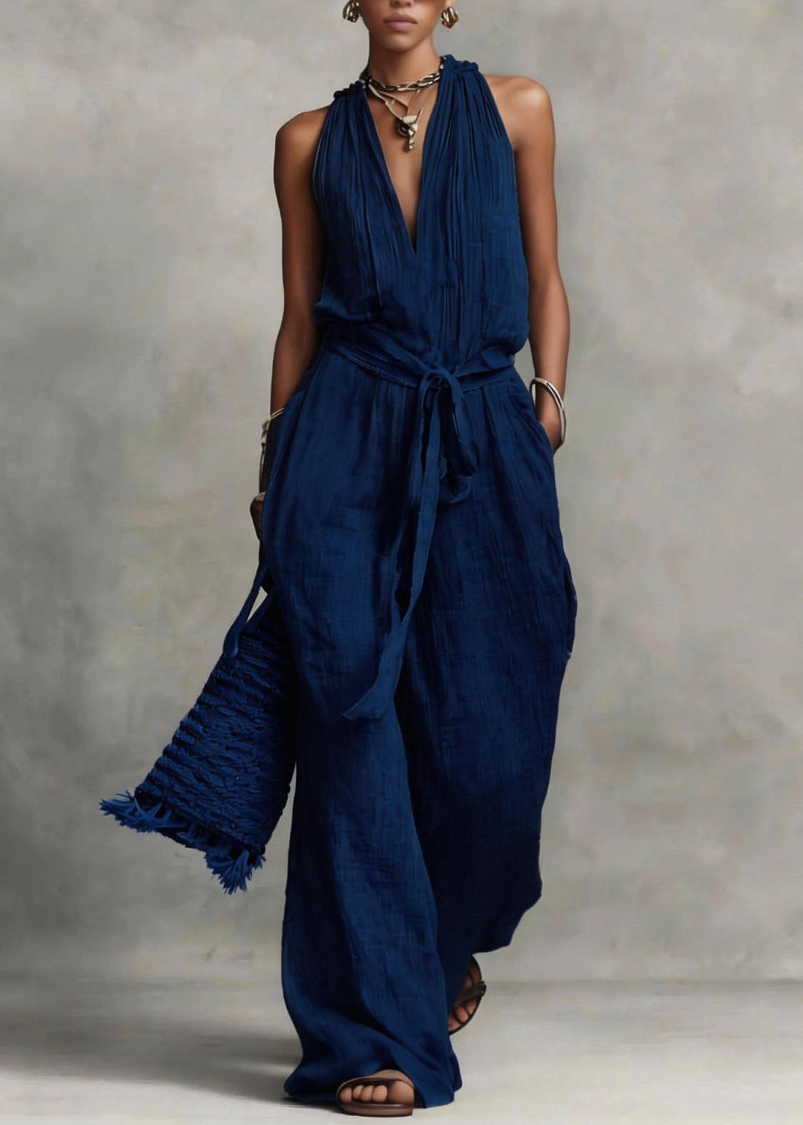 Women Apricot V Neck Patchwork Tie Waist Jumpsuit Sleeveless