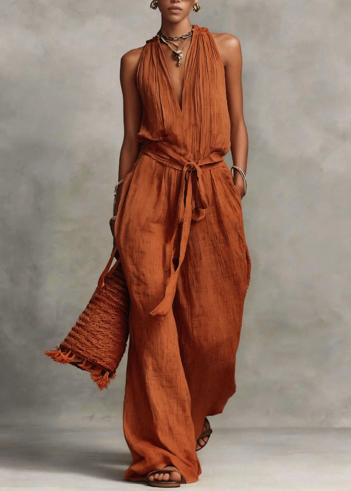 Women Apricot V Neck Patchwork Tie Waist Jumpsuit Sleeveless