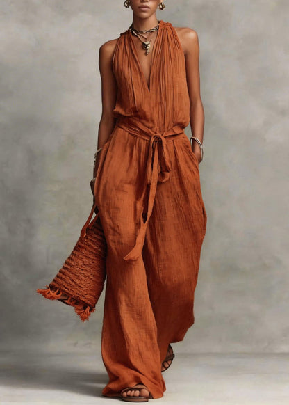 Women Apricot V Neck Patchwork Tie Waist Jumpsuit Sleeveless