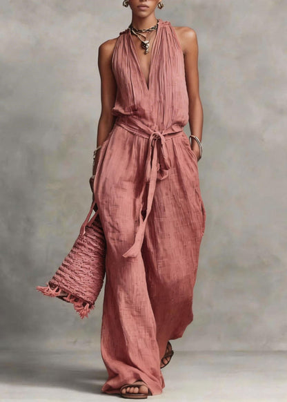 Women Apricot V Neck Patchwork Tie Waist Jumpsuit Sleeveless