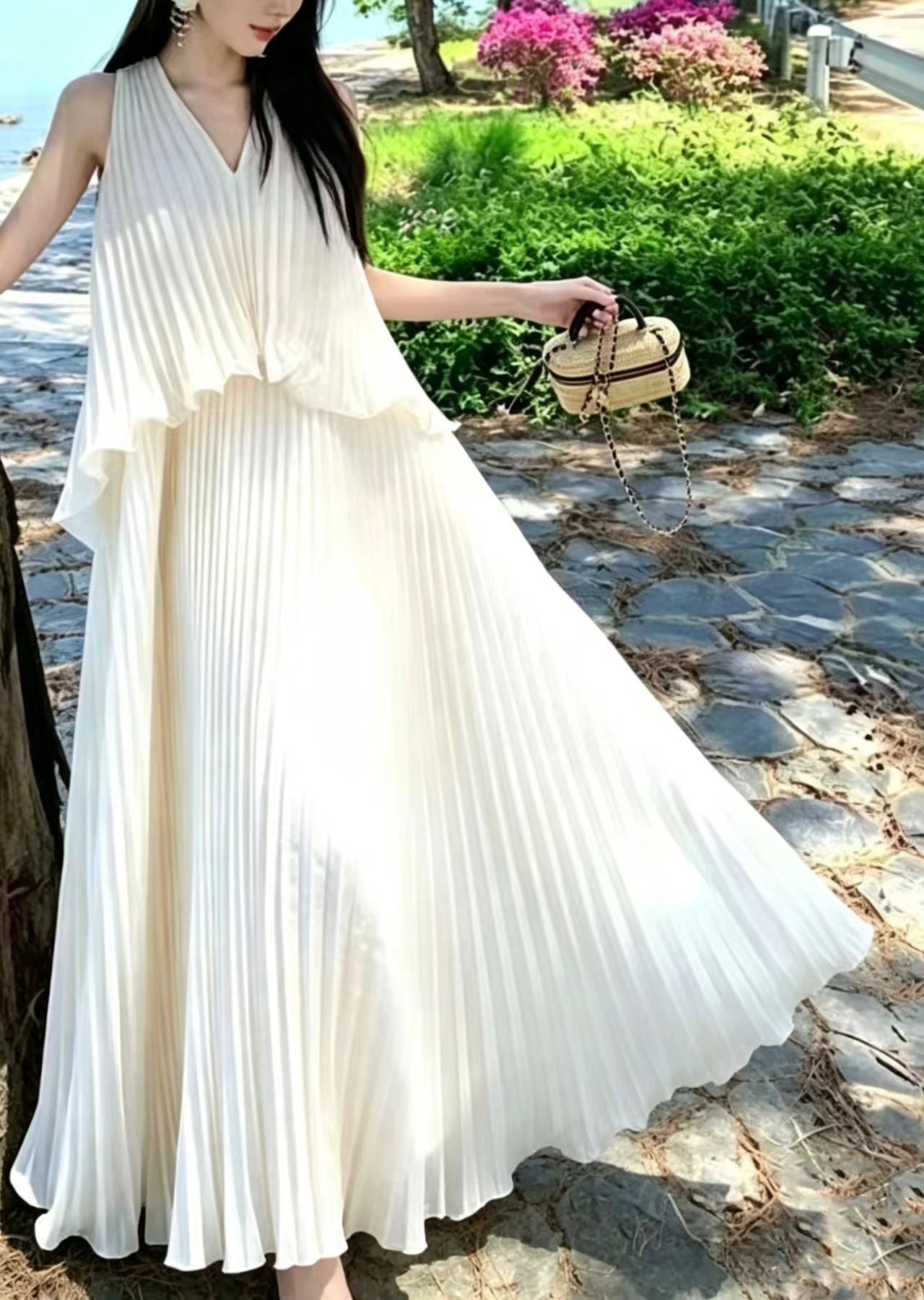 Women Apricot V Neck Pleated Chiffon Maxi Dress Sleeveless