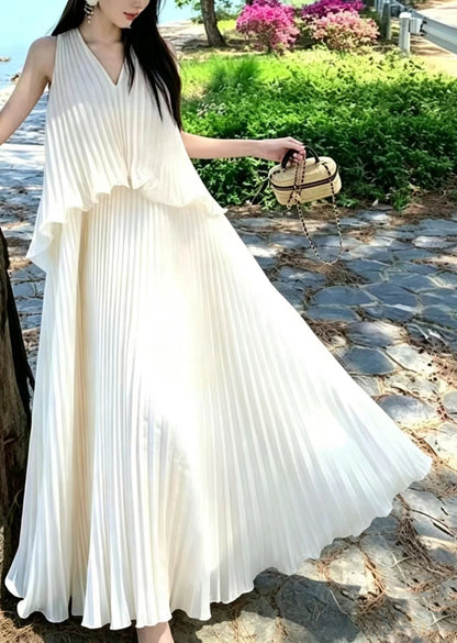 Women Apricot V Neck Pleated Chiffon Maxi Dress Sleeveless