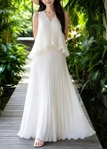 Women Apricot V Neck Pleated Chiffon Maxi Dress Sleeveless