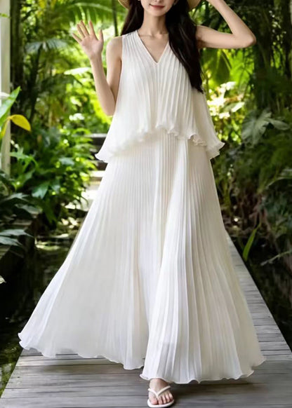 Women Apricot V Neck Pleated Chiffon Maxi Dress Sleeveless