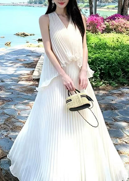 Women Apricot V Neck Pleated Chiffon Maxi Dress Sleeveless