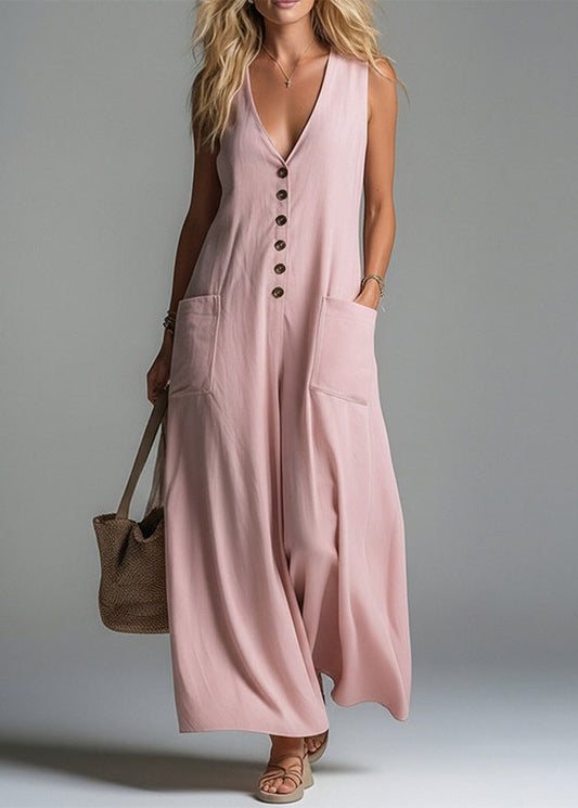 Women Apricot V Neck Pockets Cotton Jumpsuits Summer
