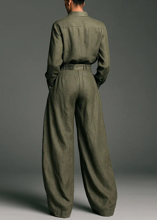 Women Army Green Button Pockets Shirts And Pants Two Piece Set Spring