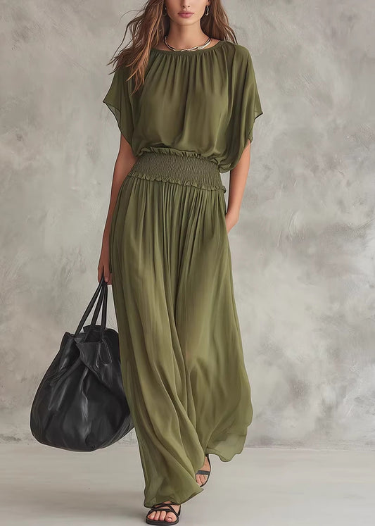 Women Army Green O Neck Patchwork Chiffon Dresses Summer