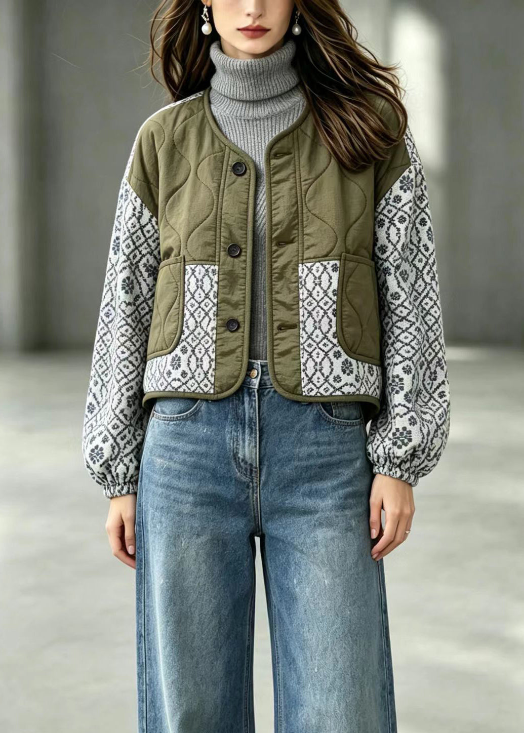 Women Army Green Patchwork Print Quilted Cotton Filled Jacket Winter