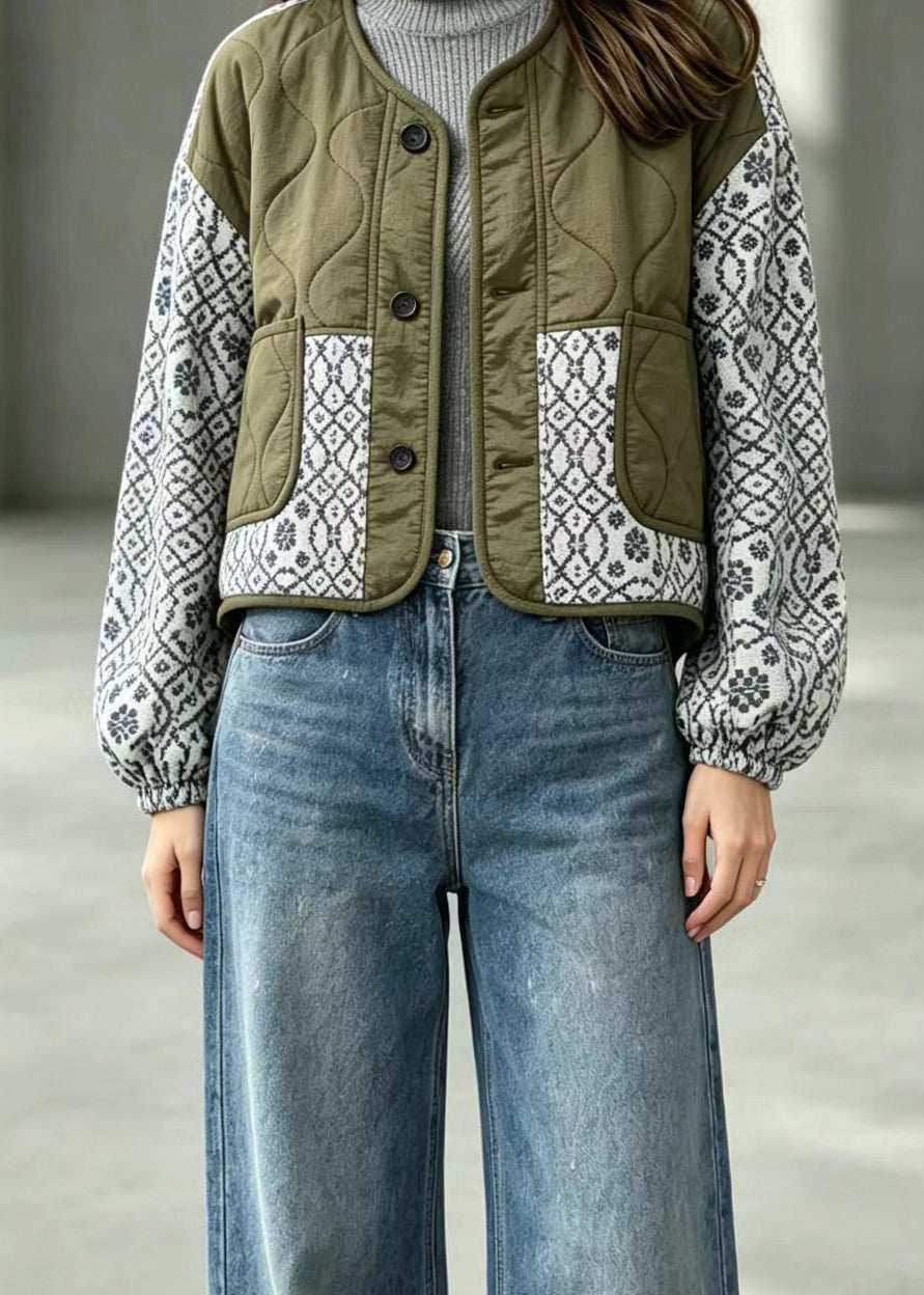 Women Army Green Patchwork Print Quilted Cotton Filled Jacket Winter
