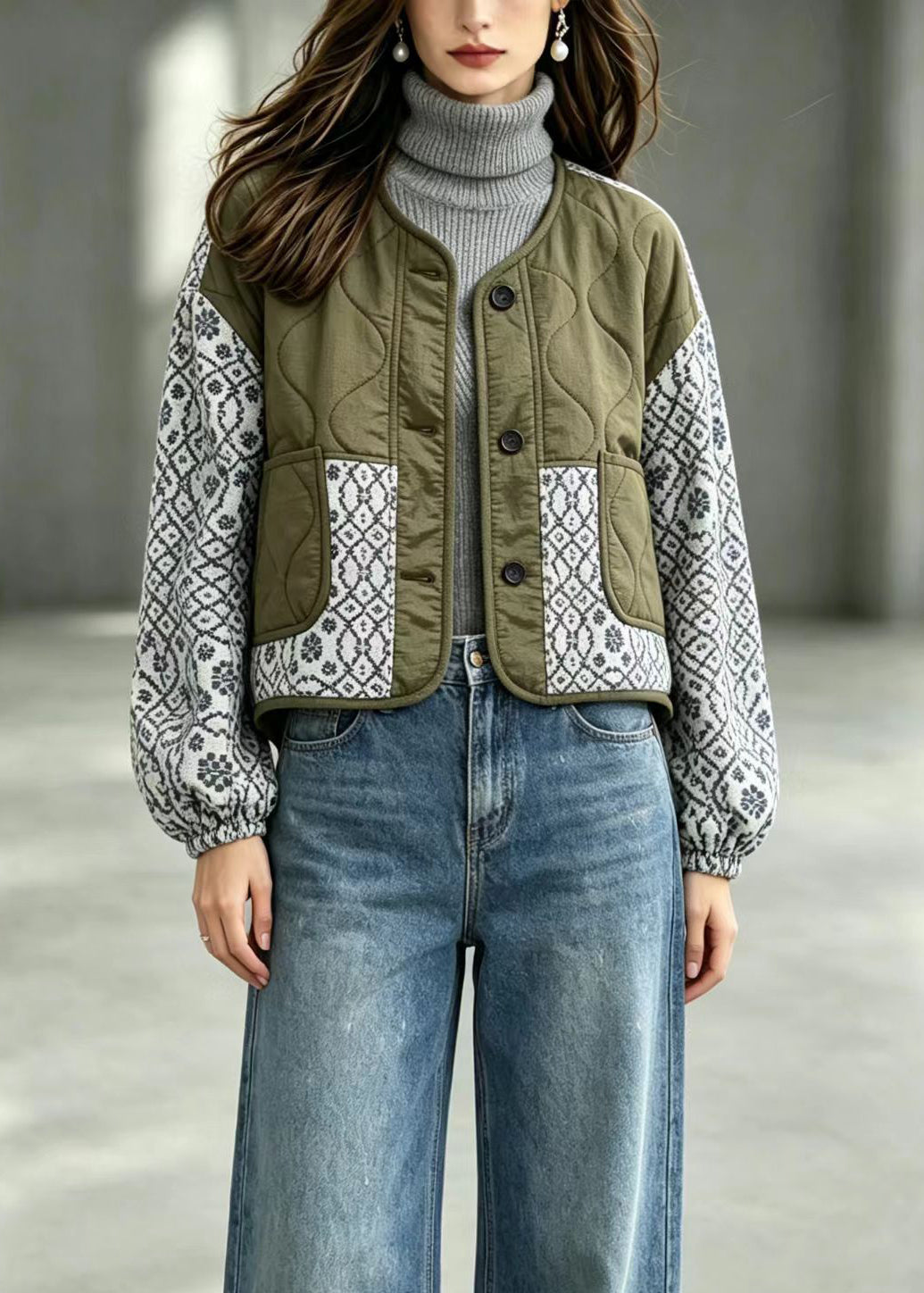Women Army Green Patchwork Print Quilted Cotton Filled Jacket Winter