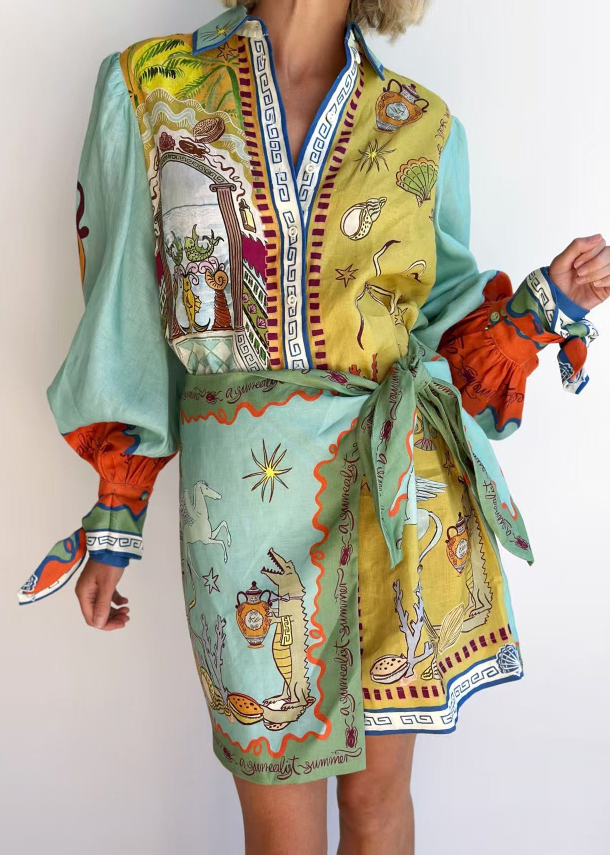 Women Asymmetrical Print Lace Up Cotton Dress Long Sleeve