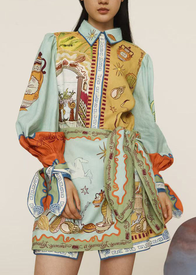 Women Asymmetrical Print Lace Up Cotton Dress Long Sleeve