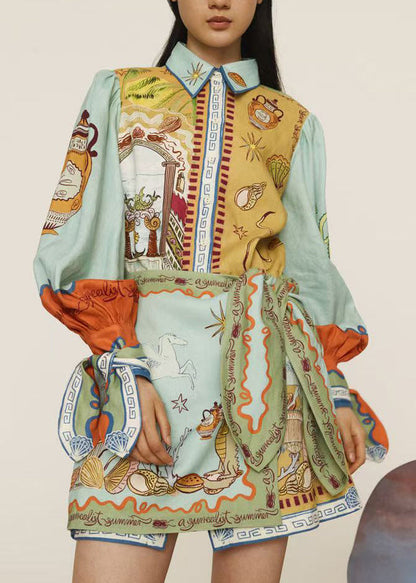 Women Asymmetrical Print Lace Up Cotton Dress Long Sleeve