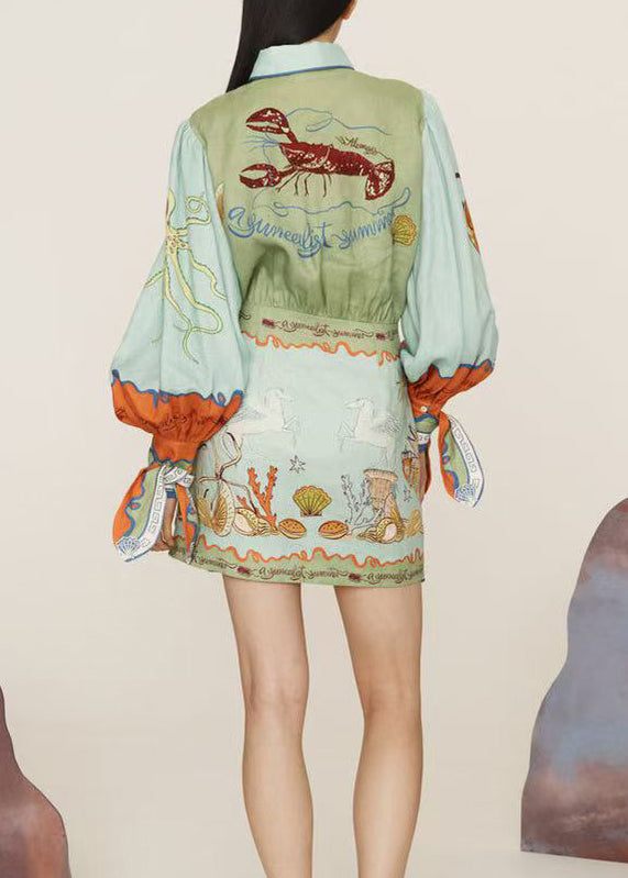 Women Asymmetrical Print Lace Up Cotton Dress Long Sleeve