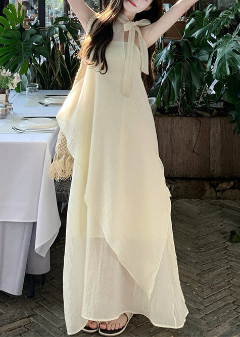 Women Beige Asymmetrical Chiffon Halter Dresses Summer