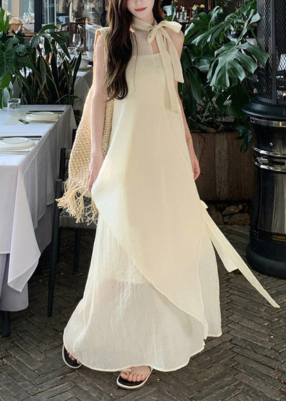 Women Beige Asymmetrical Chiffon Halter Dresses Summer
