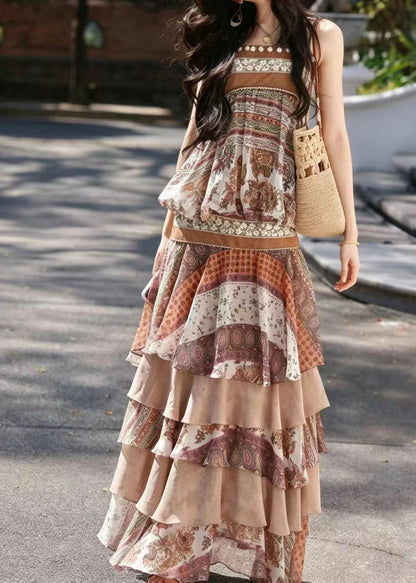 Women Beige Brown Print Layered Vacation Dresses Sleeveless