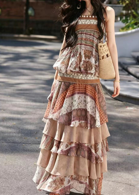 Women Beige Brown Print Layered Vacation Dresses Sleeveless