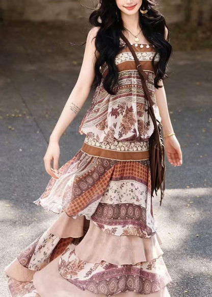 Women Beige Brown Print Layered Vacation Dresses Sleeveless