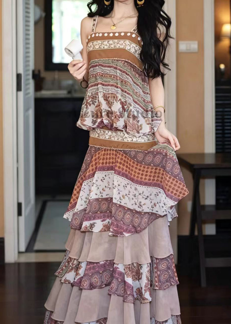 Women Beige Brown Print Layered Vacation Dresses Sleeveless