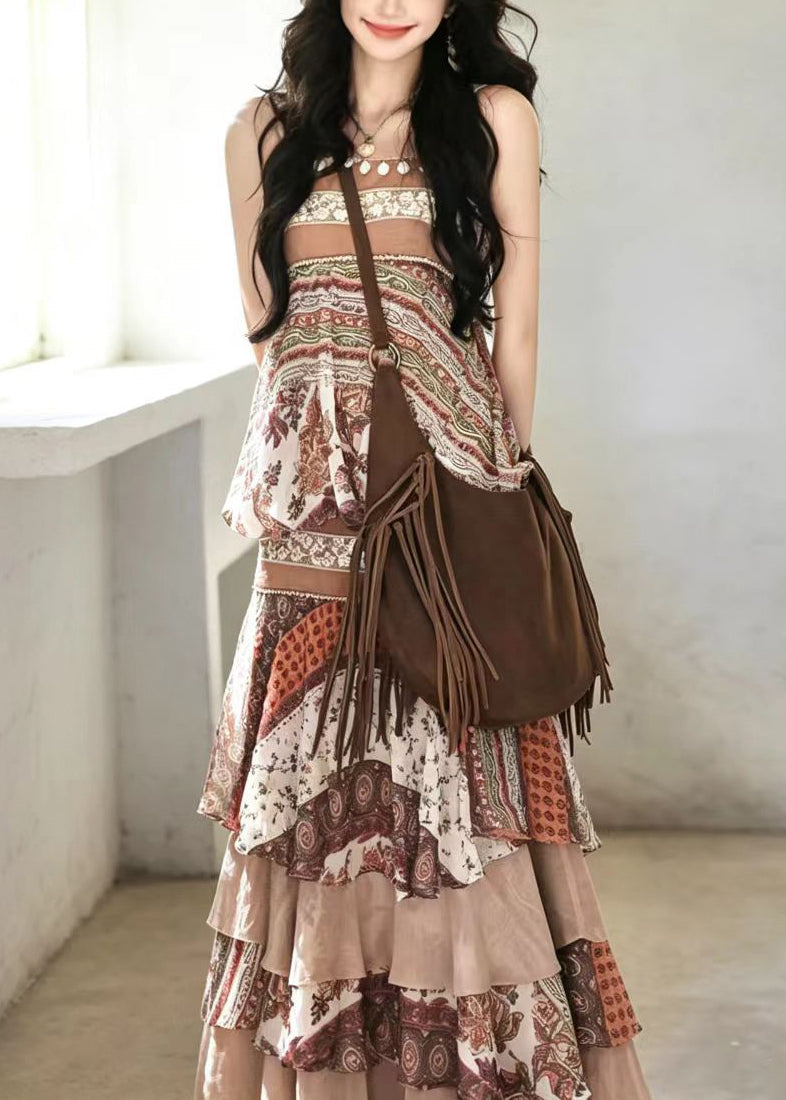 Women Beige Brown Print Layered Vacation Dresses Sleeveless
