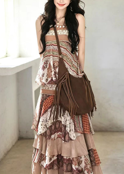 Women Beige Brown Print Layered Vacation Dresses Sleeveless