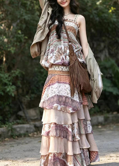 Women Beige Brown Print Layered Vacation Dresses Sleeveless
