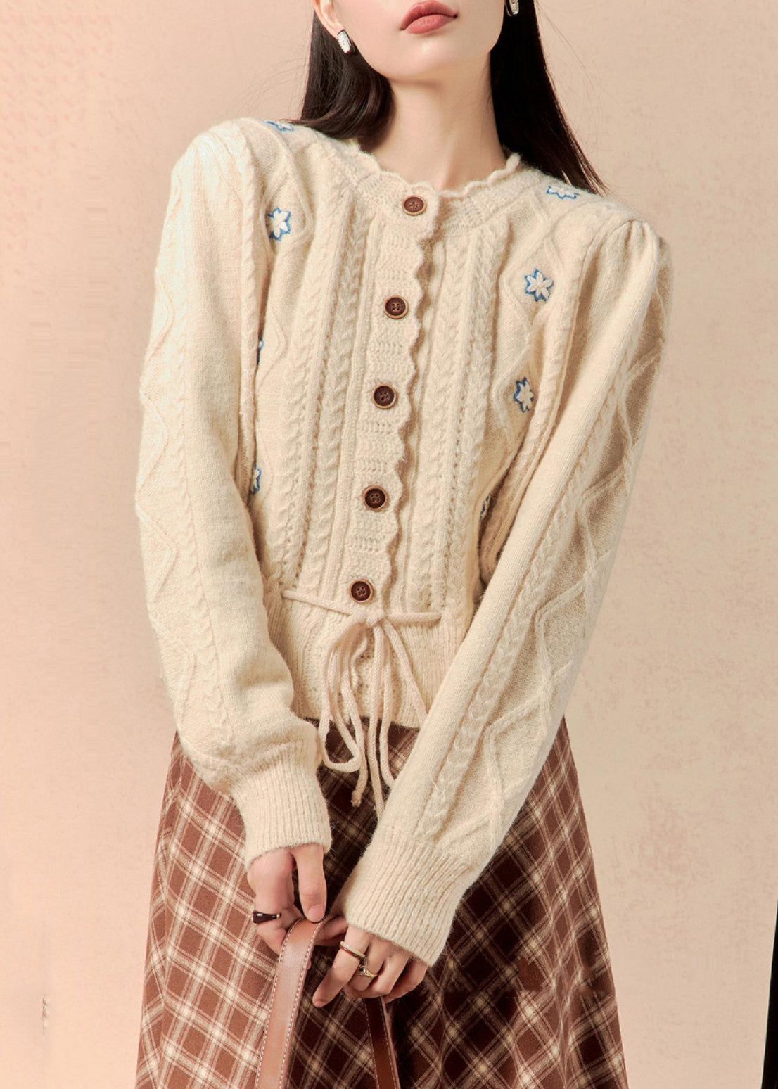 Women Beige Button Lace Up Knit Sweater Winter