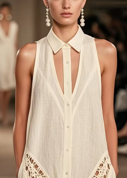 Women Beige Cold Shoulder Hollow Out Cotton Day Dresses Sleeveless