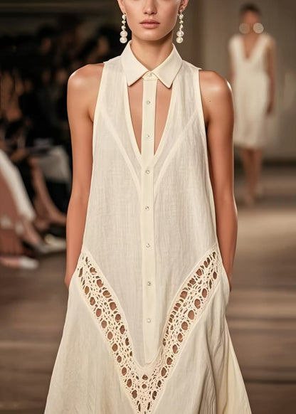 Women Beige Cold Shoulder Hollow Out Cotton Day Dresses Sleeveless