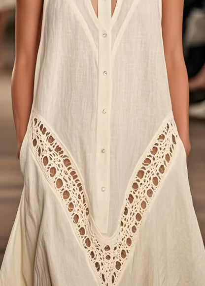 Women Beige Cold Shoulder Hollow Out Cotton Day Dresses Sleeveless