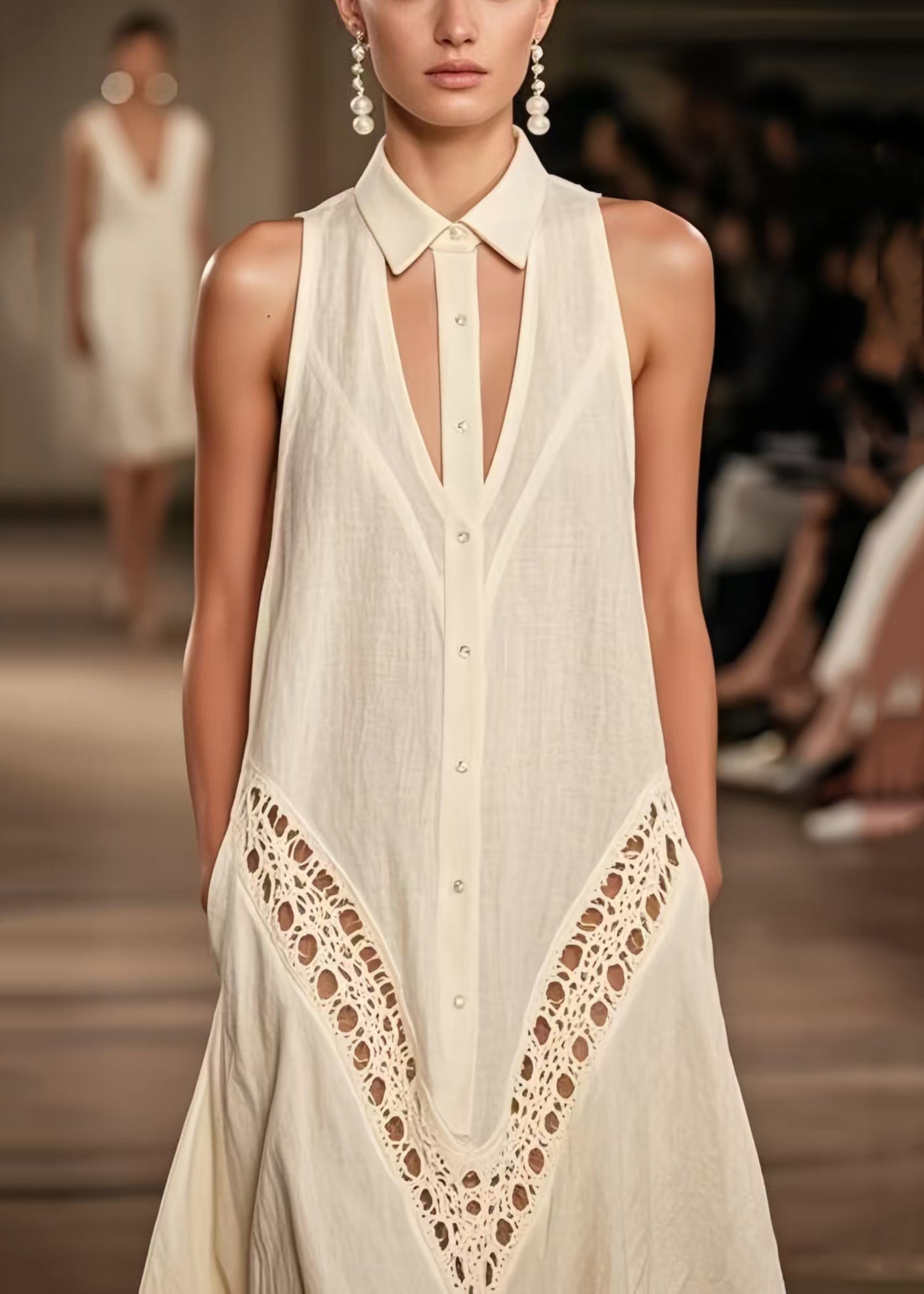 Women Beige Cold Shoulder Hollow Out Cotton Day Dresses Sleeveless