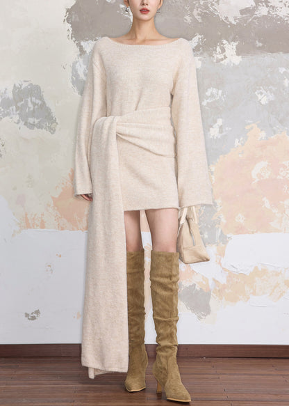 Women Beige Cozy Tie Waist Knit Sweater Dress Fall