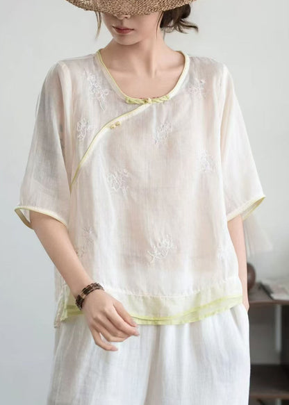 Women Beige Embroidered Patchwork Linen Oriental Shirt Summer