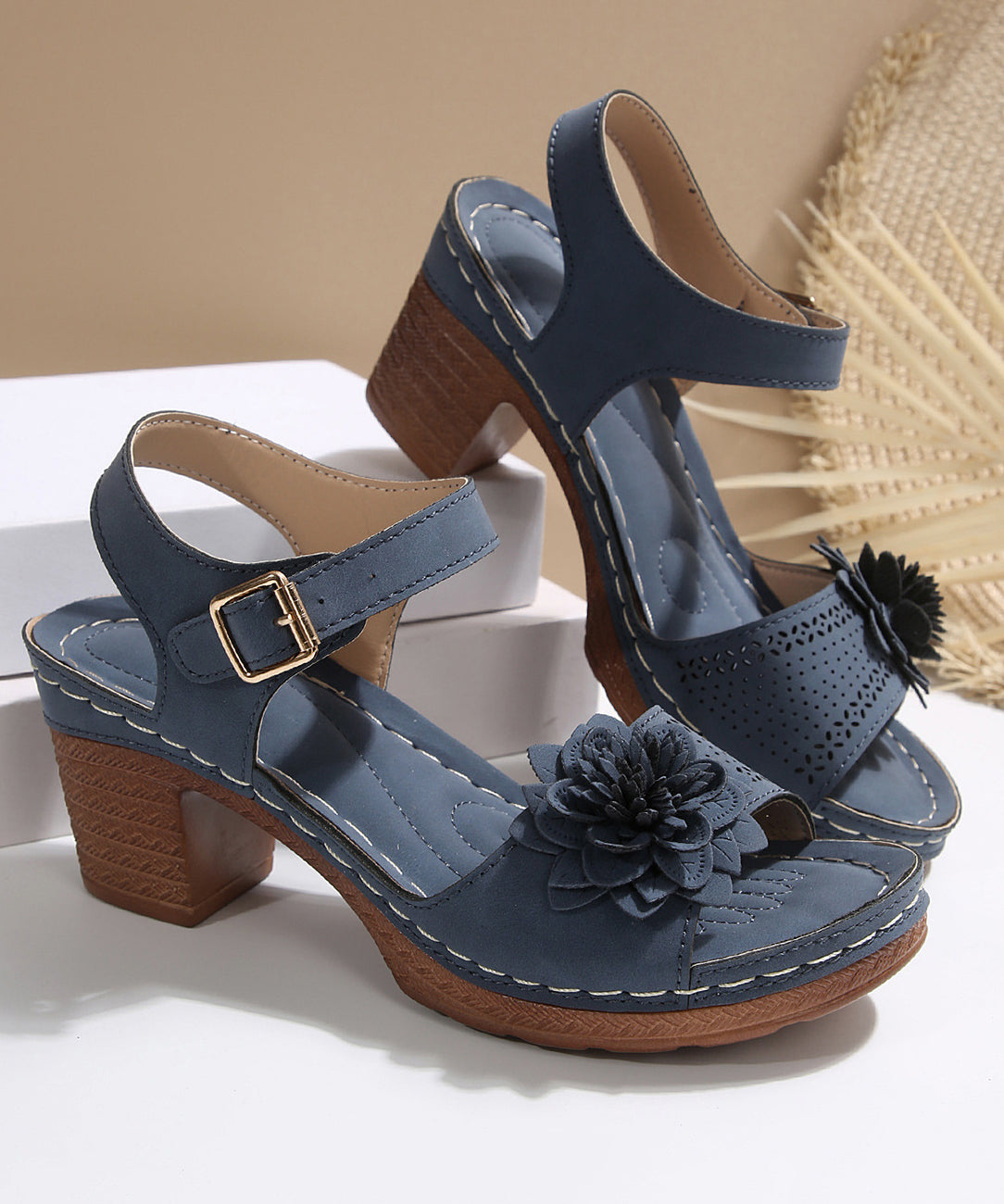 Women Beige Floral Splicing Chunky Sandals Peep Toe