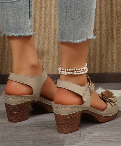 Women Beige Floral Splicing Chunky Sandals Peep Toe