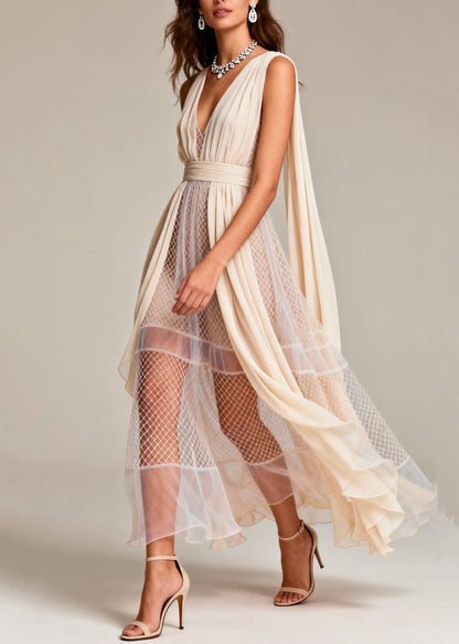 Women Beige Hollow Out Patchwork Tulle Evening Dress Summer