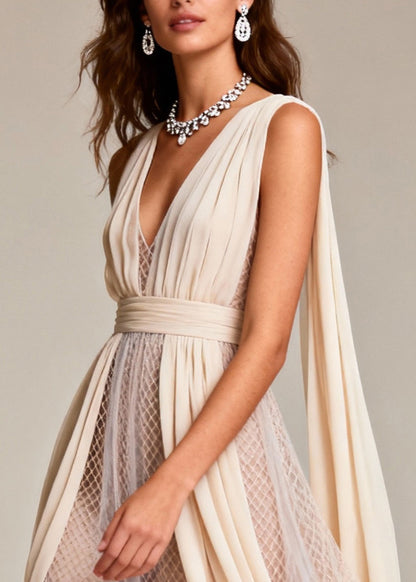 Women Beige Hollow Out Patchwork Tulle Evening Dress Summer