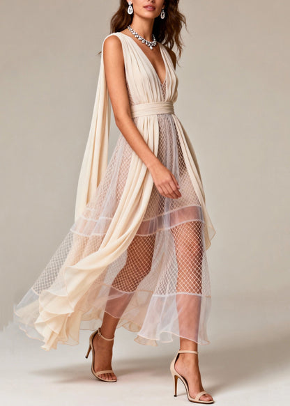 Women Beige Hollow Out Patchwork Tulle Evening Dress Summer