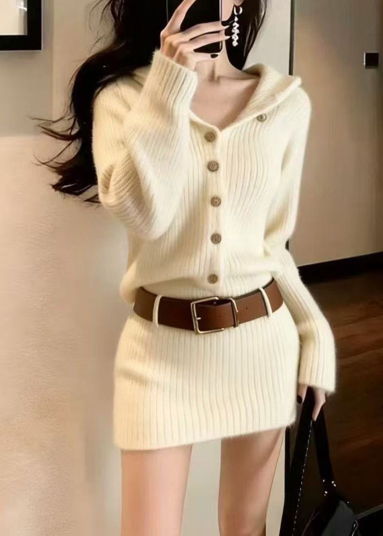 Women Beige Hooded Knit Mini Dress Fall