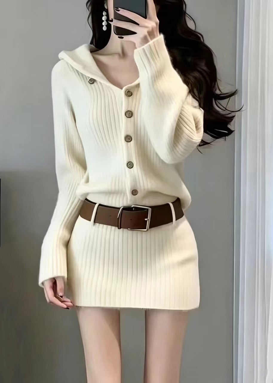 Women Beige Hooded Knit Mini Dress Fall